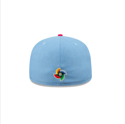 Mexico New Era World Baseball Classic WBC 59FIFTY 5950 Fitted Cap Hat Sky Blue Crown Magenta Visor White/Magenta Logo Gray UV
