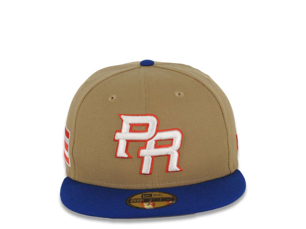 Puerto Rico New Era World Baseball Classic WBC 59FIFTY 5950 Fitted Cap Hat Khaki Crown Light Royal Blue Visor White/Red Logo Gray UV