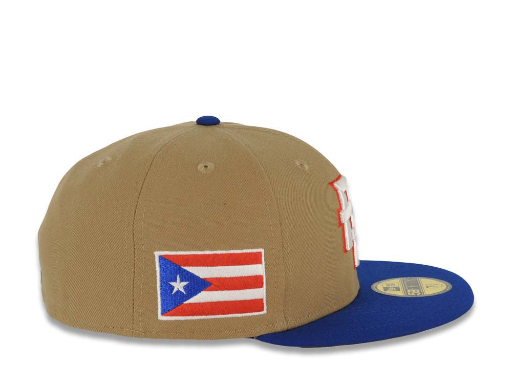Puerto Rico New Era World Baseball Classic WBC 59FIFTY 5950 Fitted Cap Hat Khaki Crown Light Royal Blue Visor White/Red Logo Gray UV