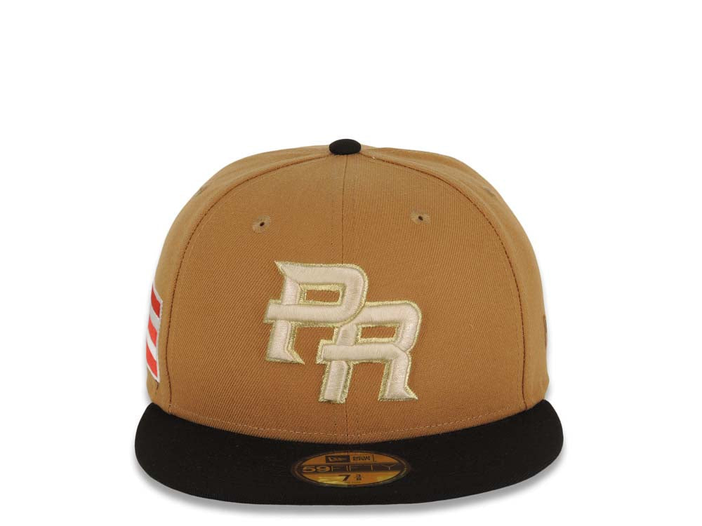 Puerto Rico New Era World Baseball Classic WBC 59FIFTY 5950 Fitted Cap Hat Light Brown Crown Black Visor White/Metallic Gold Logo Gray UV