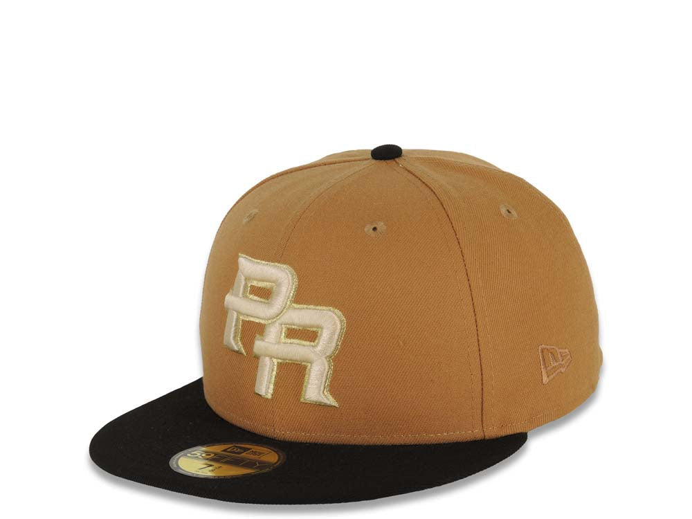Puerto Rico New Era World Baseball Classic WBC 59FIFTY 5950 Fitted Cap Hat Light Brown Crown Black Visor White/Metallic Gold Logo Gray UV