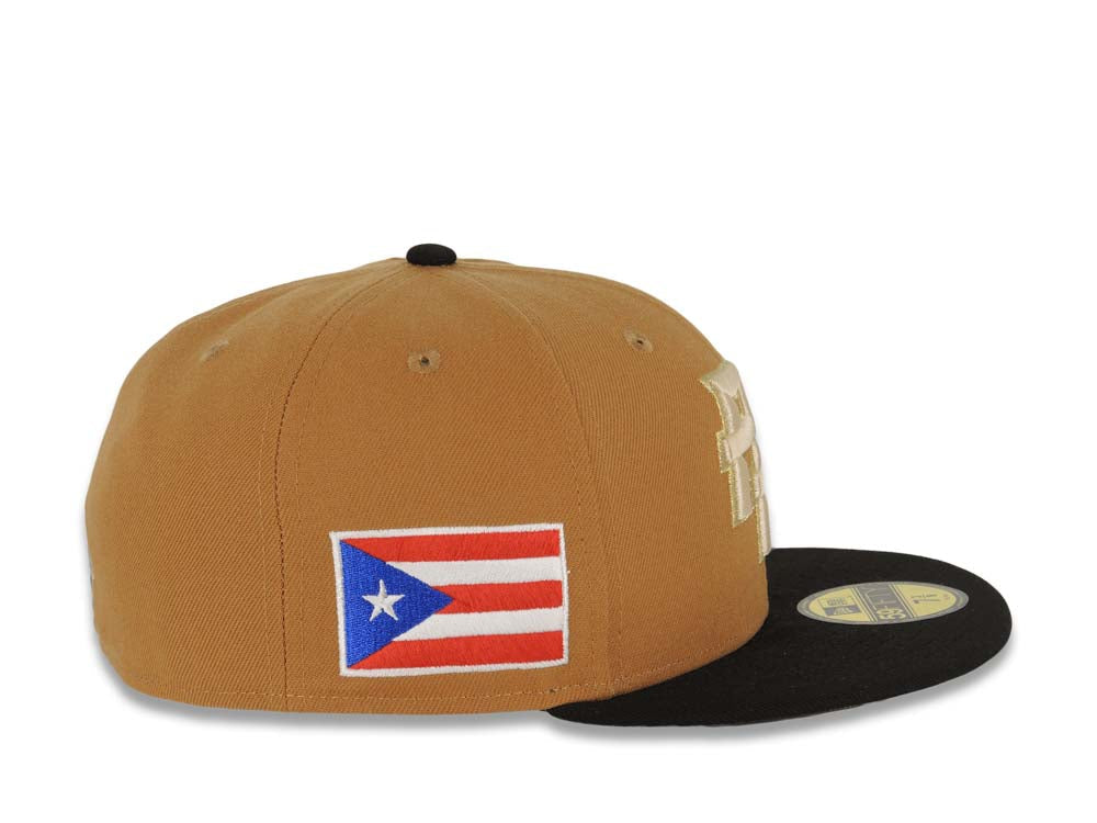Puerto Rico New Era World Baseball Classic WBC 59FIFTY 5950 Fitted Cap Hat Light Brown Crown Black Visor White/Metallic Gold Logo Gray UV