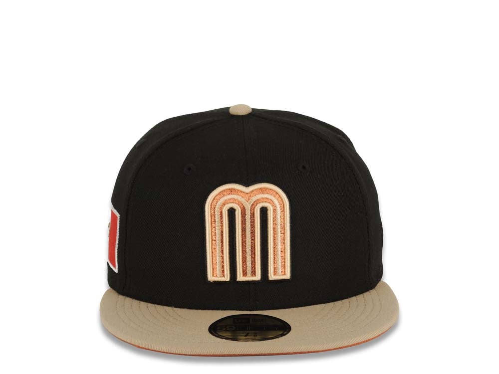 Mexico New Era World Baseball Classic WBC 59FIFTY 5950 Fitted Cap Hat Black Crown Khaki Visor Peach/Metallic Brown Logo Dark Orange UV