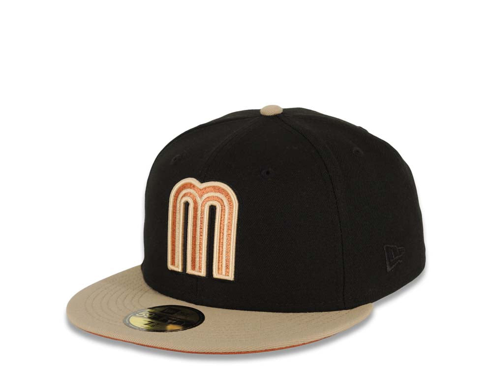 Mexico New Era World Baseball Classic WBC 59FIFTY 5950 Fitted Cap Hat Black Crown Khaki Visor Peach/Metallic Brown Logo Dark Orange UV