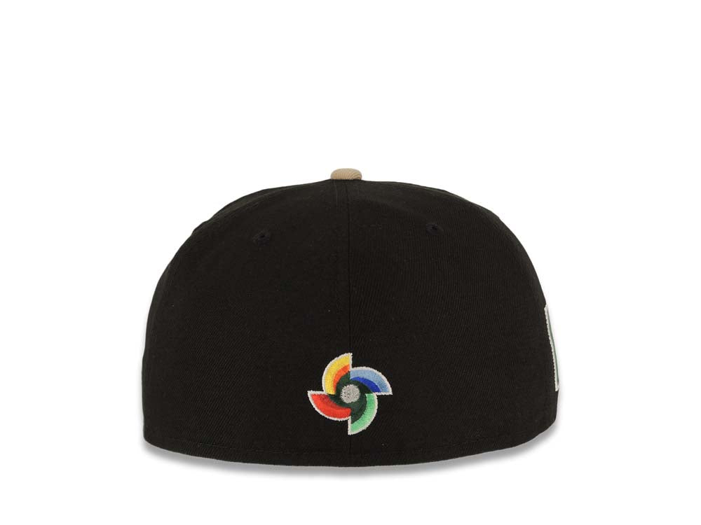 Mexico New Era World Baseball Classic WBC 59FIFTY 5950 Fitted Cap Hat Black Crown Khaki Visor Peach/Metallic Brown Logo Dark Orange UV