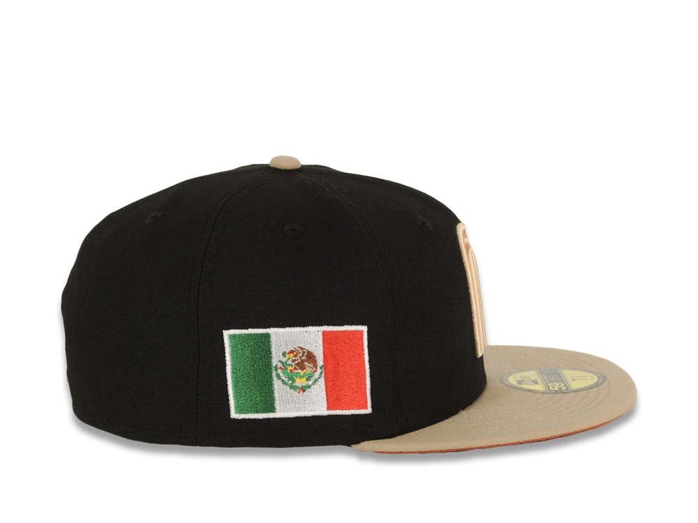 Mexico New Era World Baseball Classic WBC 59FIFTY 5950 Fitted Cap Hat Black Crown Khaki Visor Peach/Metallic Brown Logo Dark Orange UV