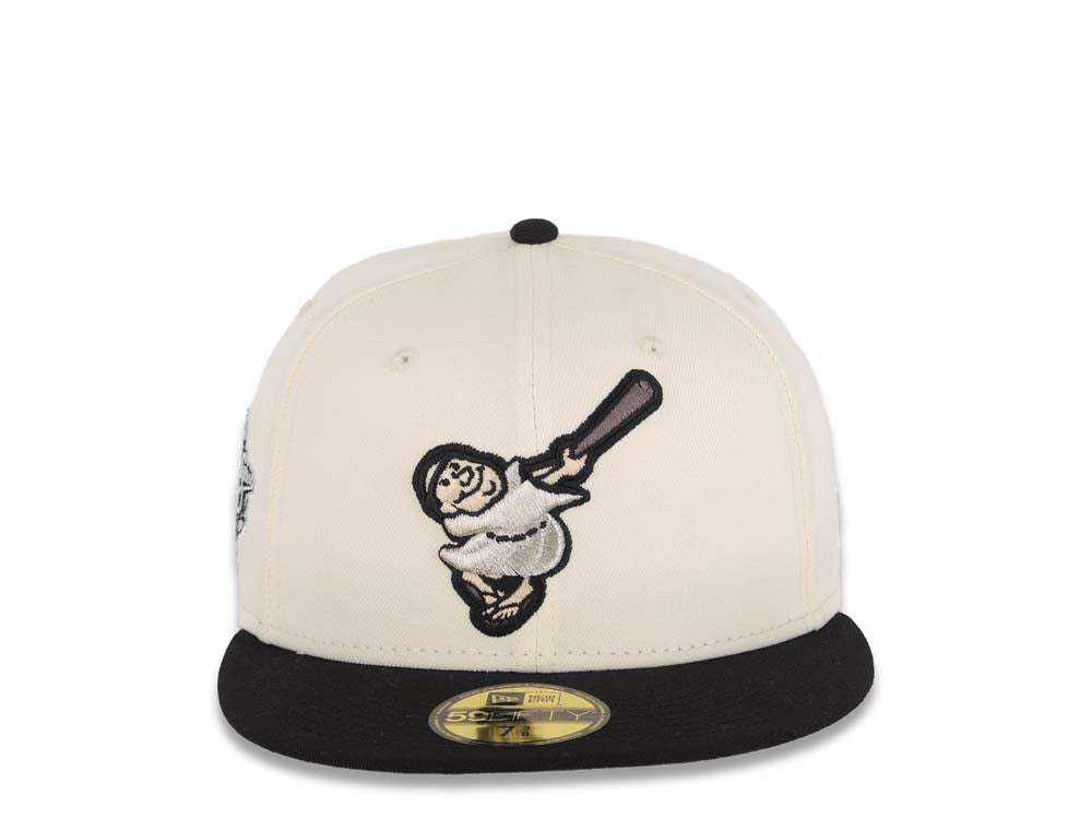 San Diego Padres New Era MLB 59FIFTY 5950 Fitted Cap Hat Cream Crown Black Visor Dark Gray/Black Swinging Friar Logo 1998 World Series Side Patch UV