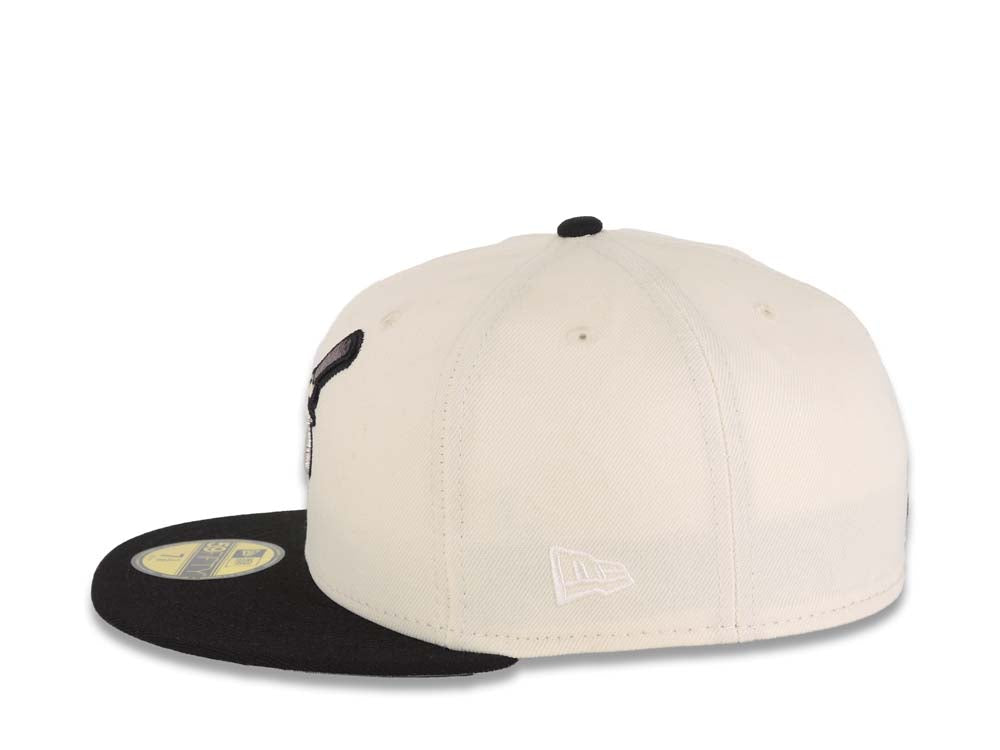 San Diego Padres New Era MLB 59FIFTY 5950 Fitted Cap Hat Cream Crown Black Visor Dark Gray/Black Swinging Friar Logo 1998 World Series Side Patch UV