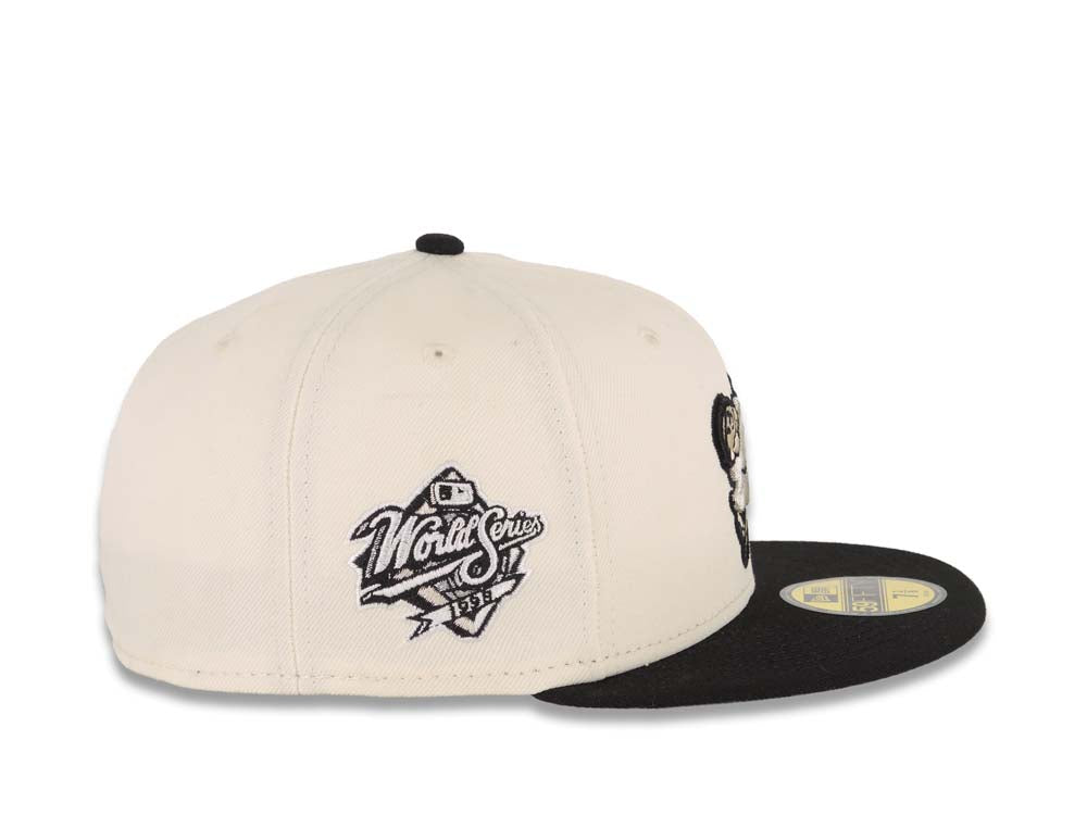 San Diego Padres New Era MLB 59FIFTY 5950 Fitted Cap Hat Cream Crown Black Visor Dark Gray/Black Swinging Friar Logo 1998 World Series Side Patch UV