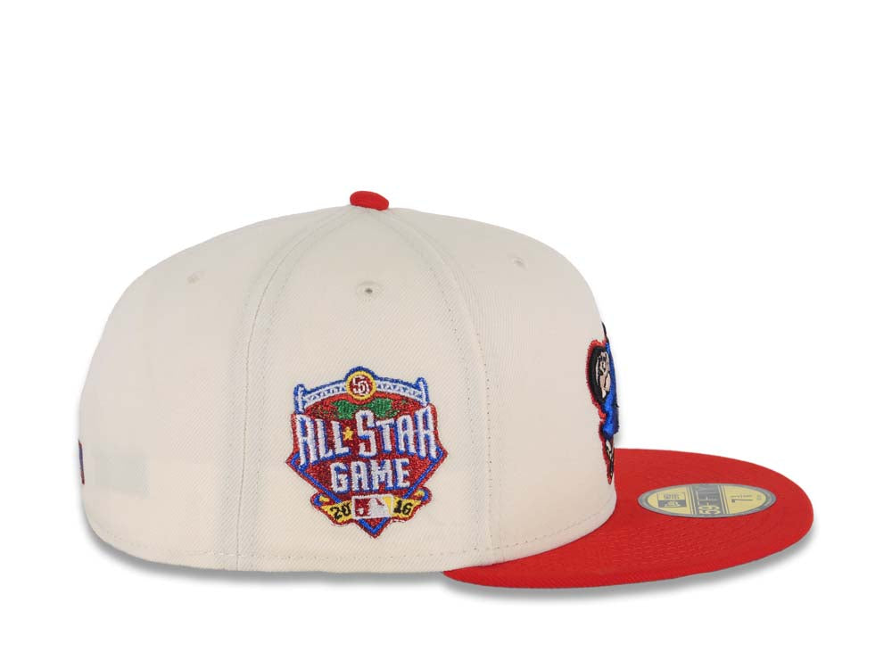 San Diego Padres New Era MLB 59FIFTY 5950 Fitted Cap Hat Cream Crown Red Visor Metallic Blue/Red Swinging Friar Logo 2016 All-Star Game Side Patch