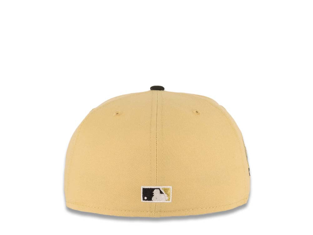 San Diego Padres New Era MLB 59FIFTY 5950 Fitted Cap Hat Vegas Gold Crown Black Visor Metallic Gold Catching Friar Logo 40th Anniversary Side Patch