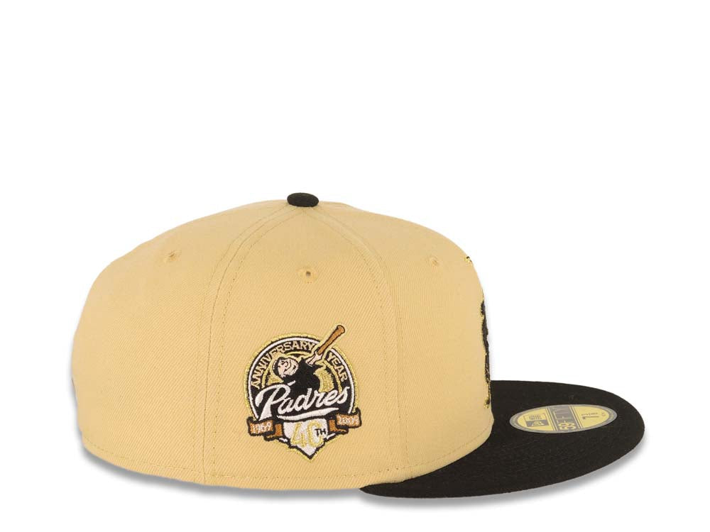 San Diego Padres New Era MLB 59FIFTY 5950 Fitted Cap Hat Vegas Gold Crown Black Visor Metallic Gold Catching Friar Logo 40th Anniversary Side Patch
