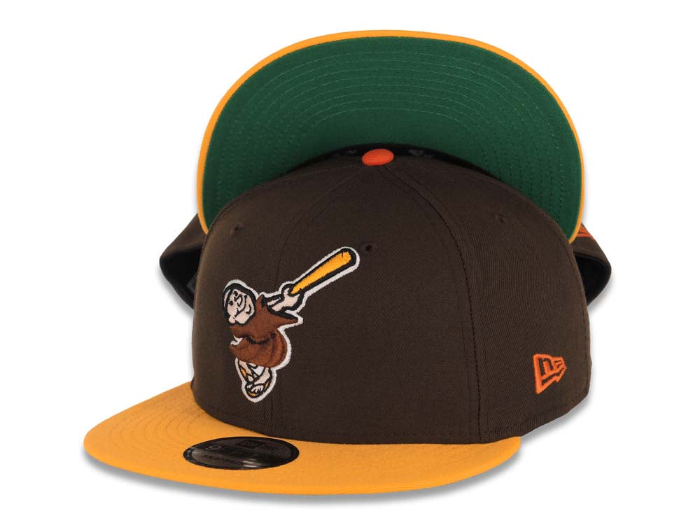 San Diego Padres New Era MLB 9FIFTY 950 Snapback Cap Hat Brown Crown Yellow Visor Brown/Yellow Swinging Friar Logo Green UV