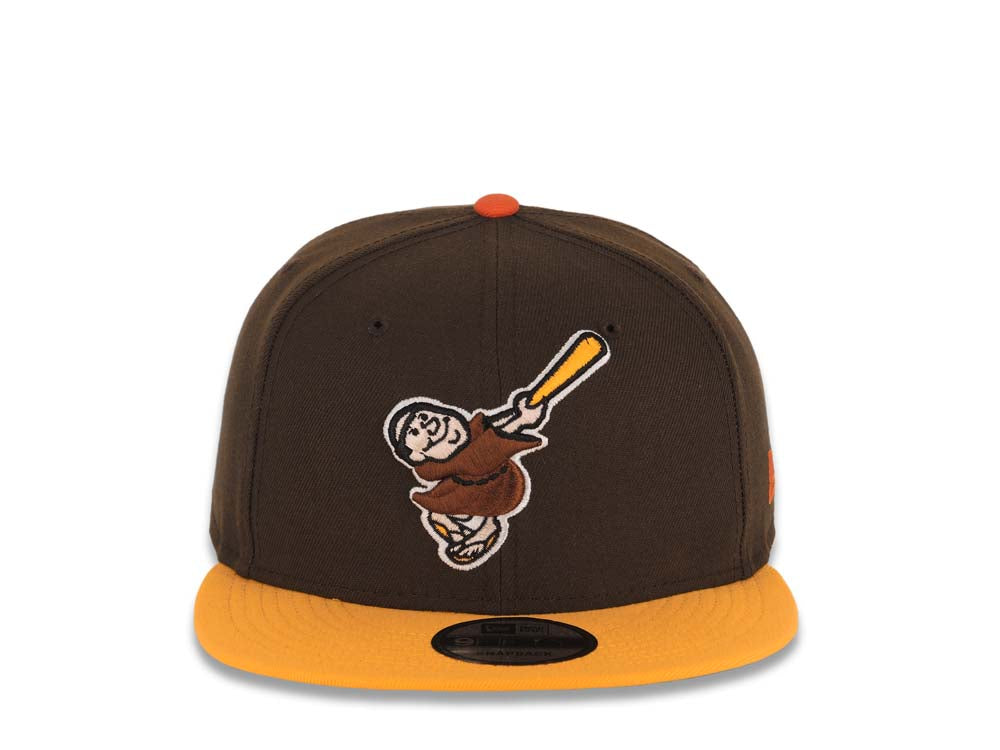 San Diego Padres New Era MLB 9FIFTY 950 Snapback Cap Hat Brown Crown Yellow Visor Brown/Yellow Swinging Friar Logo Green UV