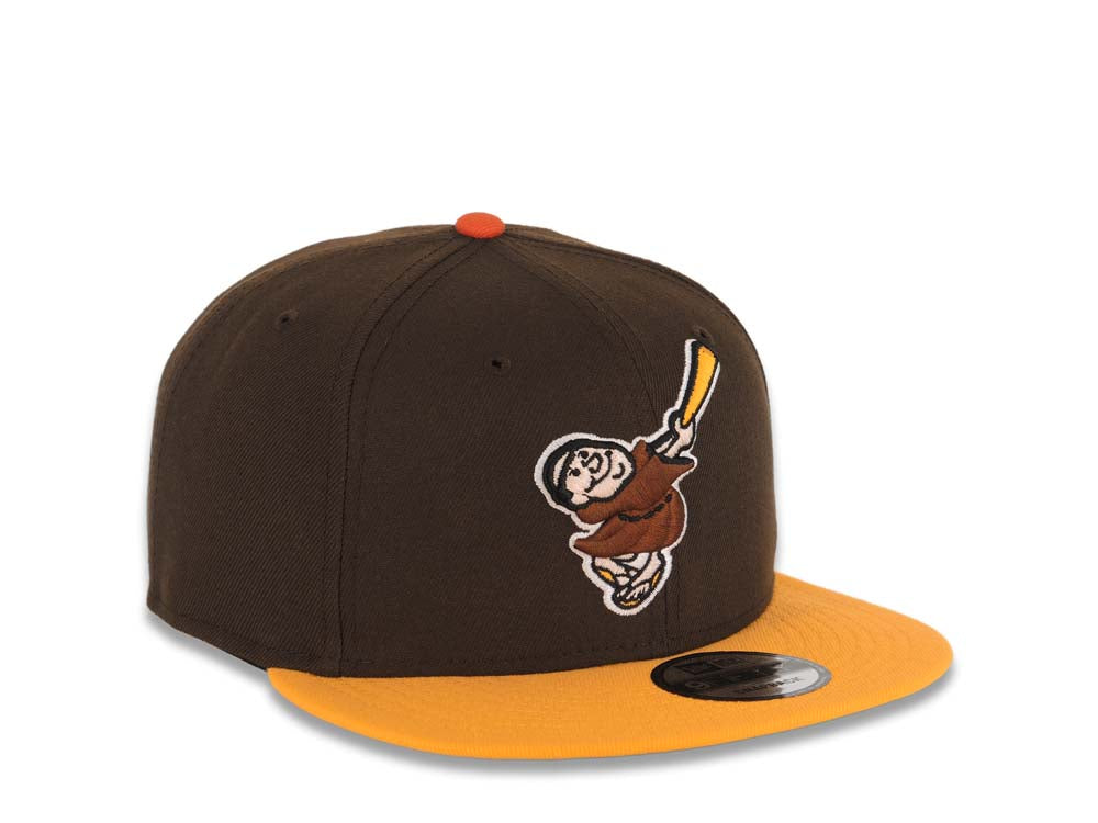 San Diego Padres New Era MLB 9FIFTY 950 Snapback Cap Hat Brown Crown Yellow Visor Brown/Yellow Swinging Friar Logo Green UV