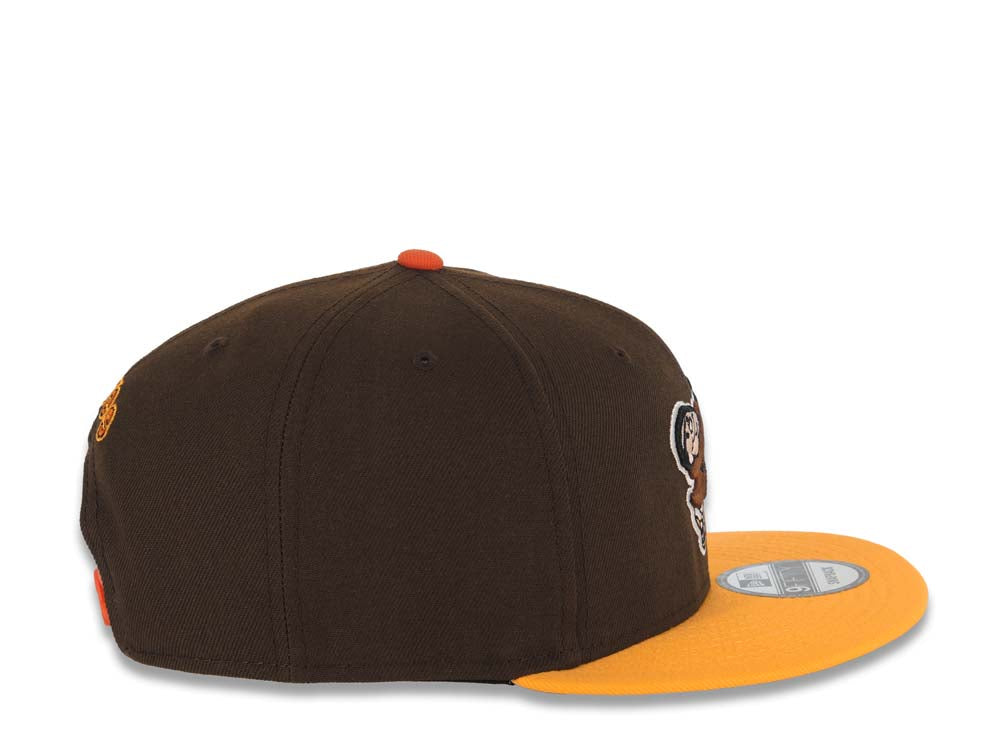 San Diego Padres New Era MLB 9FIFTY 950 Snapback Cap Hat Brown Crown Yellow Visor Brown/Yellow Swinging Friar Logo Green UV