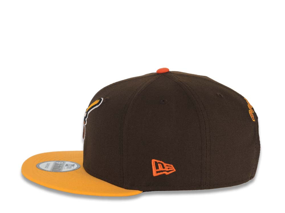 San Diego Padres New Era MLB 9FIFTY 950 Snapback Cap Hat Brown Crown Yellow Visor Brown/Yellow Swinging Friar Logo Green UV