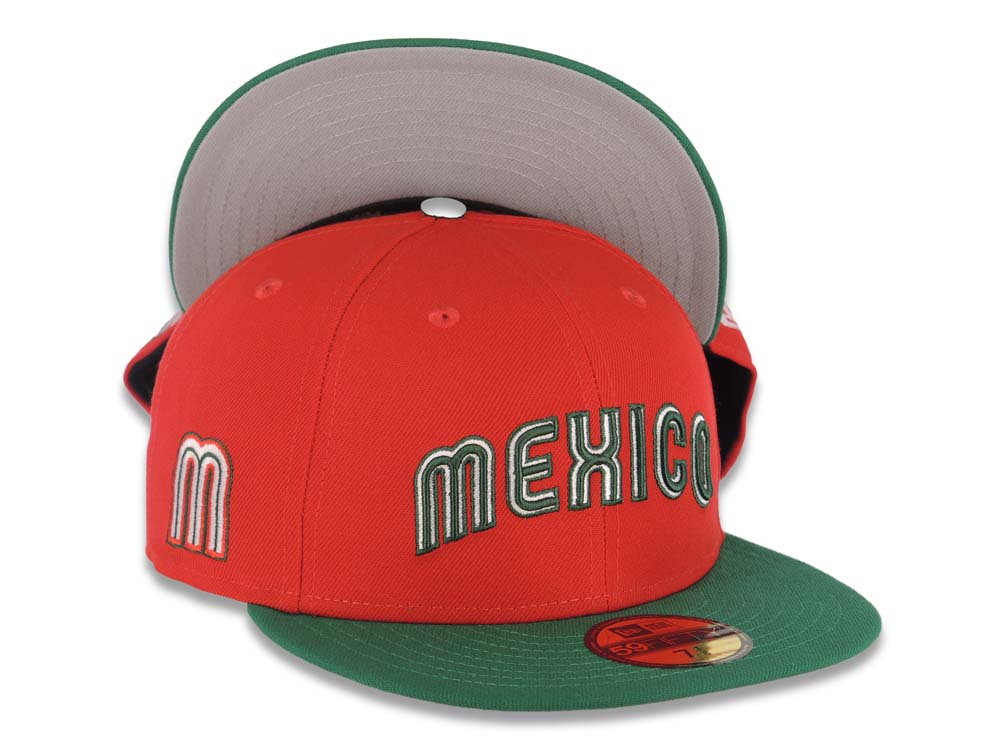 Mexico New Era WBC World Baseball Classic 59FIFTY 5950 Fitted Cap Hat Red Crown Green Visor Green/White Arch Script/Text Logo M Side Logo Patch