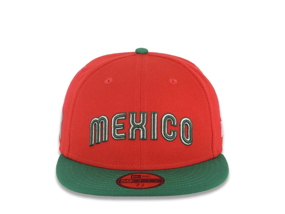 Mexico New Era WBC World Baseball Classic 59FIFTY 5950 Fitted Cap Hat Red Crown Green Visor Green/White Arch Script/Text Logo M Side Logo Patch