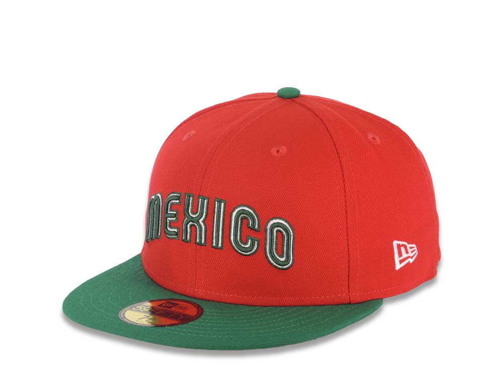 Mexico New Era WBC World Baseball Classic 59FIFTY 5950 Fitted Cap Hat Red Crown Green Visor Green/White Arch Script/Text Logo M Side Logo Patch