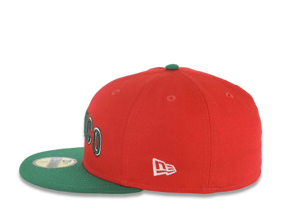 Mexico New Era WBC World Baseball Classic 59FIFTY 5950 Fitted Cap Hat Red Crown Green Visor Green/White Arch Script/Text Logo M Side Logo Patch