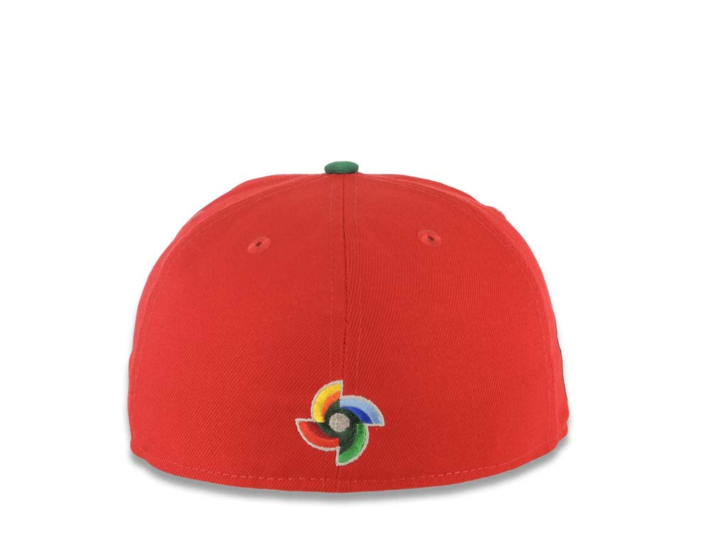 Mexico New Era WBC World Baseball Classic 59FIFTY 5950 Fitted Cap Hat Red Crown Green Visor Green/White Arch Script/Text Logo M Side Logo Patch