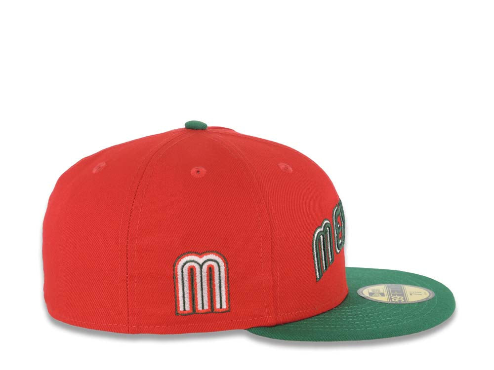 Mexico New Era WBC World Baseball Classic 59FIFTY 5950 Fitted Cap Hat Red Crown Green Visor Green/White Arch Script/Text Logo M Side Logo Patch