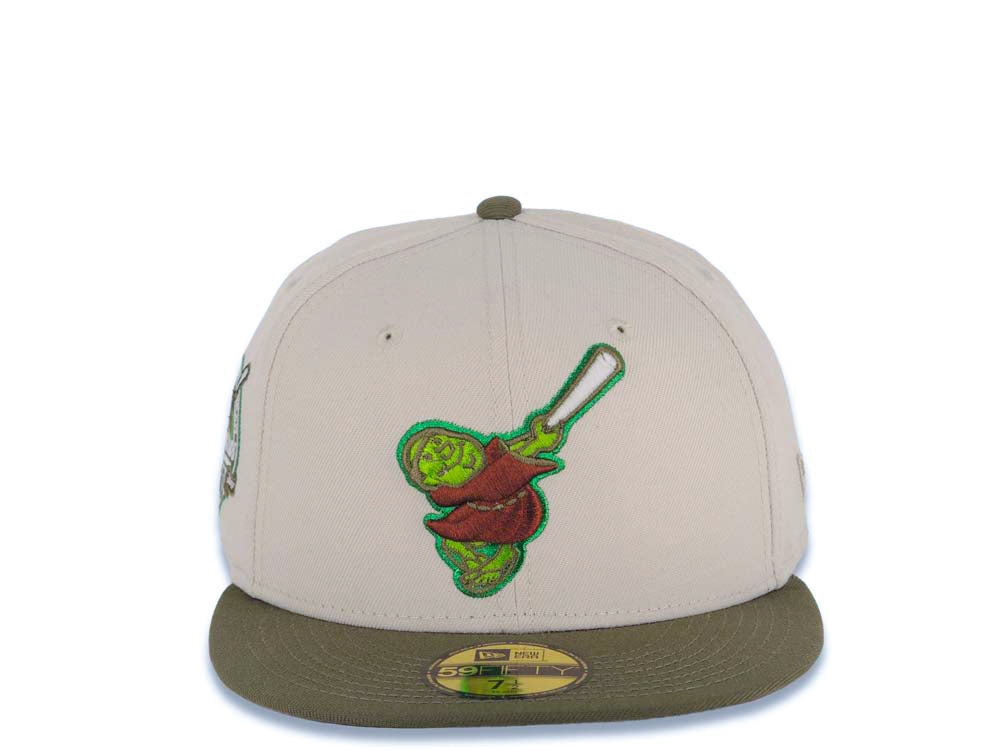 San Diego Padres New Era MLB 59FIFTY 5950 Fitted Cap Hat Stone Crown Olive Green Visor Green/Brown Swinging Friar Logo 40th Anniversary Side Patch