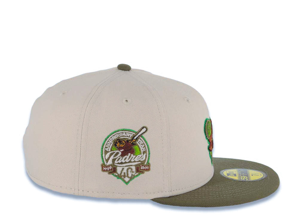 San Diego Padres New Era MLB 59FIFTY 5950 Fitted Cap Hat Stone Crown Olive Green Visor Green/Brown Swinging Friar Logo 40th Anniversary Side Patch