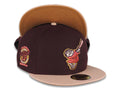 (Youth) San Diego Padres New Era MLB 59FIFTY 5950 Fitted Kid Cap Hat Maroon Crown Pink Visor Pink/Gold Friar Logo 25th Anniversary Side Patch