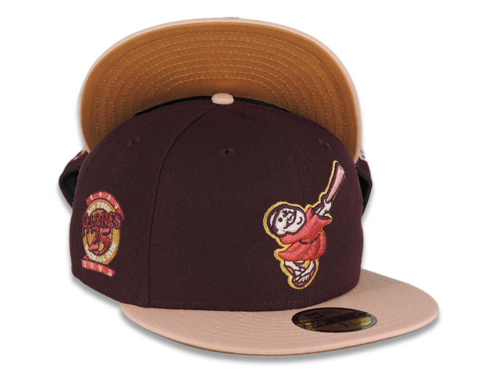 (Youth) San Diego Padres New Era MLB 59FIFTY 5950 Fitted Kid Cap Hat Maroon Crown Pink Visor Pink/Gold Friar Logo 25th Anniversary Side Patch