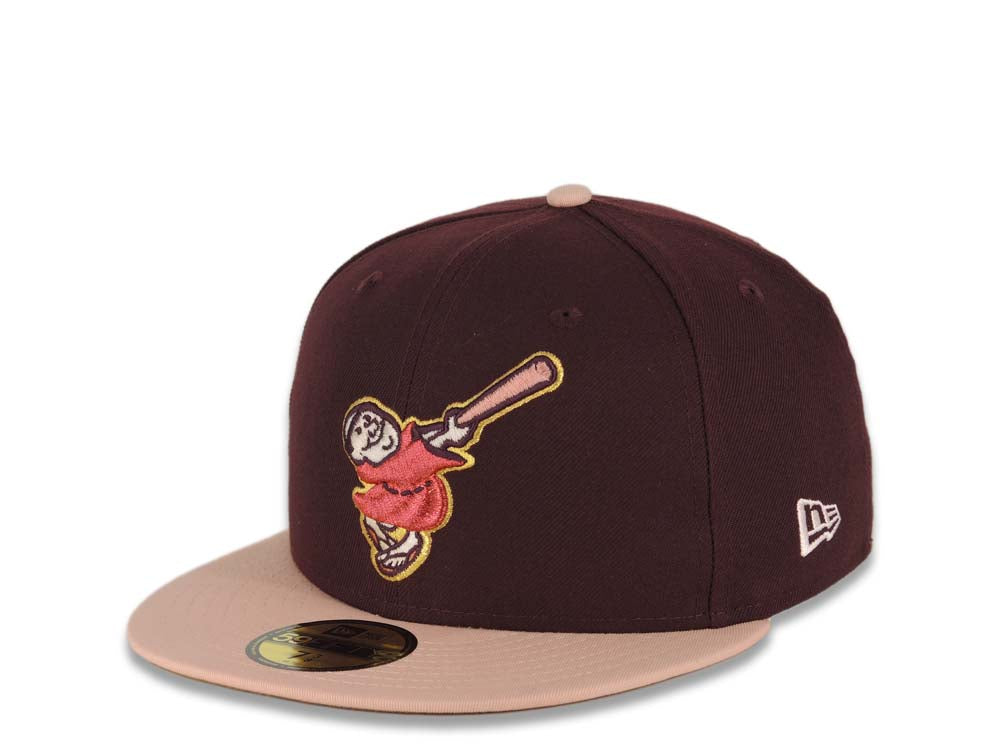 (Youth) San Diego Padres New Era MLB 59FIFTY 5950 Fitted Kid Cap Hat Maroon Crown Pink Visor Pink/Gold Friar Logo 25th Anniversary Side Patch