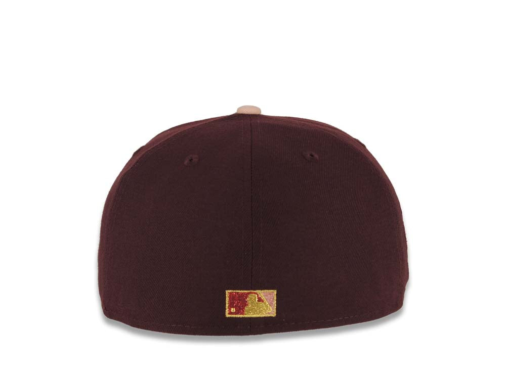 (Youth) San Diego Padres New Era MLB 59FIFTY 5950 Fitted Kid Cap Hat Maroon Crown Pink Visor Pink/Gold Friar Logo 25th Anniversary Side Patch