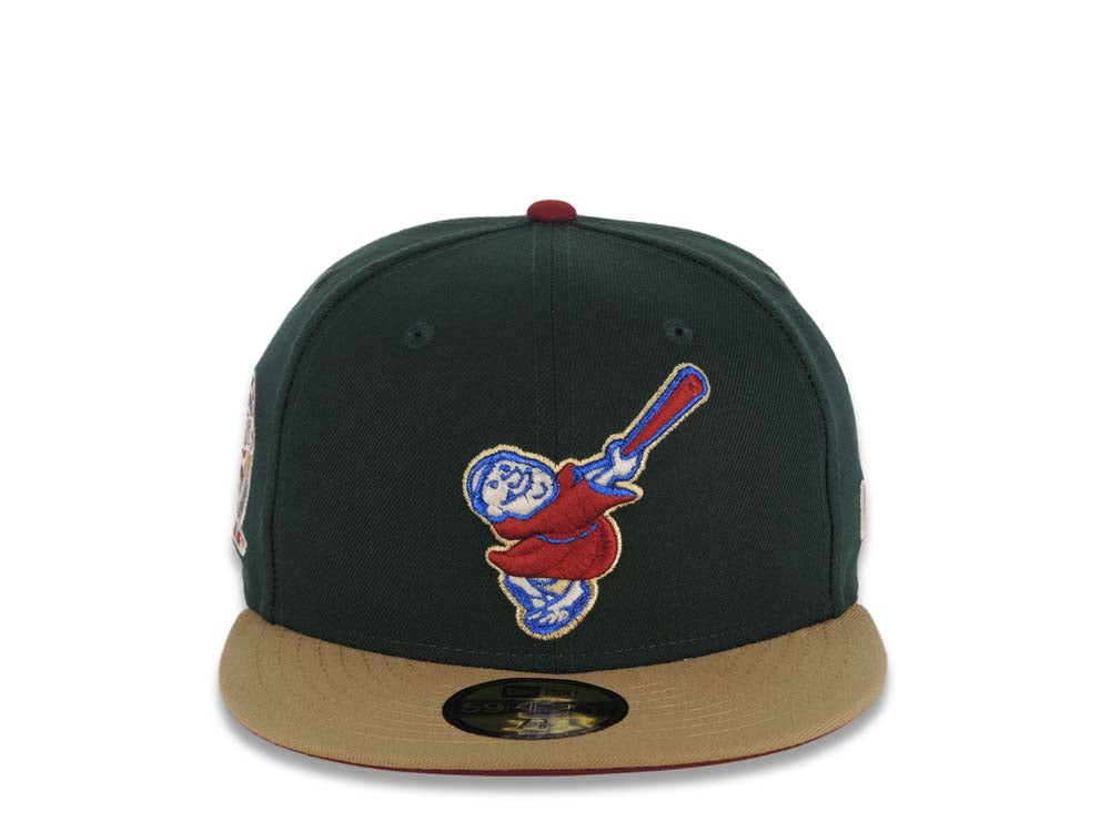 San Diego Padres New Era MLB 59FIFTY 5950 Fitted Cap Hat Dark Green Crown Kahki Visor Cardinal/Metallic Blue Swinging Friar 25th Anniversary SidePatch