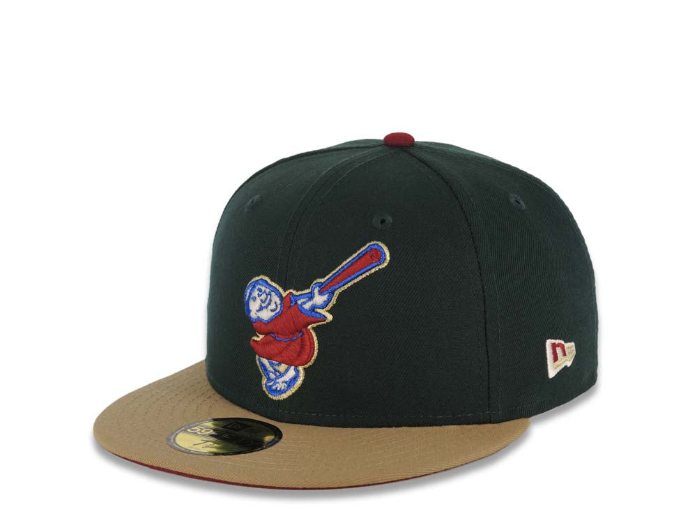 San Diego Padres New Era MLB 59FIFTY 5950 Fitted Cap Hat Dark Green Crown Kahki Visor Cardinal/Metallic Blue Swinging Friar 25th Anniversary SidePatch