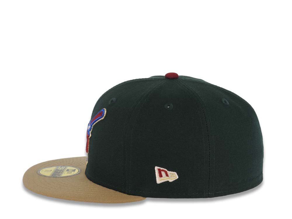 San Diego Padres New Era MLB 59FIFTY 5950 Fitted Cap Hat Dark Green Crown Kahki Visor Cardinal/Metallic Blue Swinging Friar 25th Anniversary SidePatch