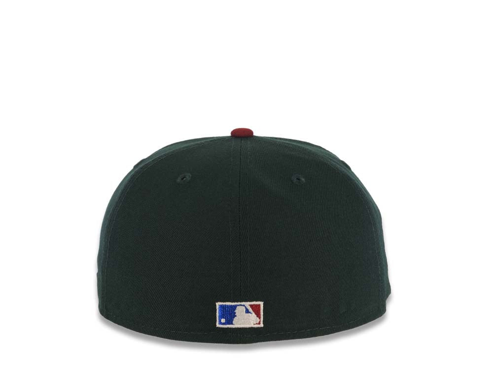 San Diego Padres New Era MLB 59FIFTY 5950 Fitted Cap Hat Dark Green Crown Kahki Visor Cardinal/Metallic Blue Swinging Friar 25th Anniversary SidePatch