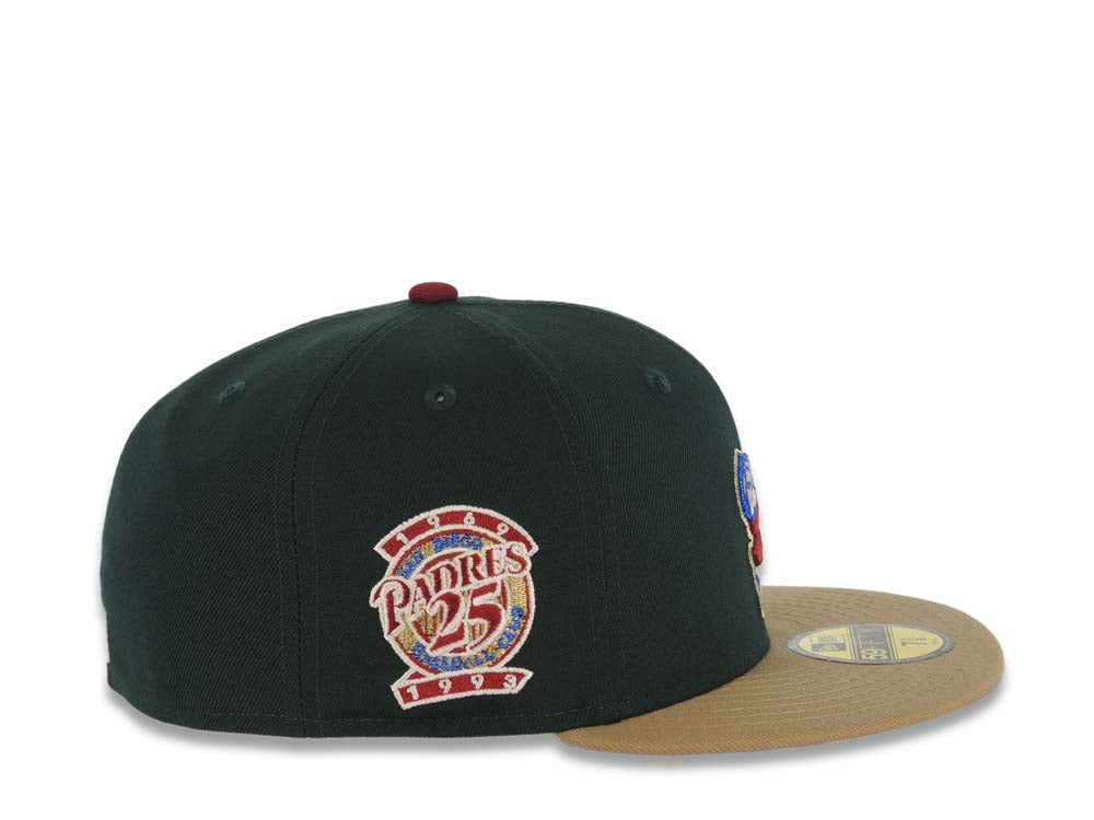 San Diego Padres New Era MLB 59FIFTY 5950 Fitted Cap Hat Dark Green Crown Kahki Visor Cardinal/Metallic Blue Swinging Friar 25th Anniversary SidePatch