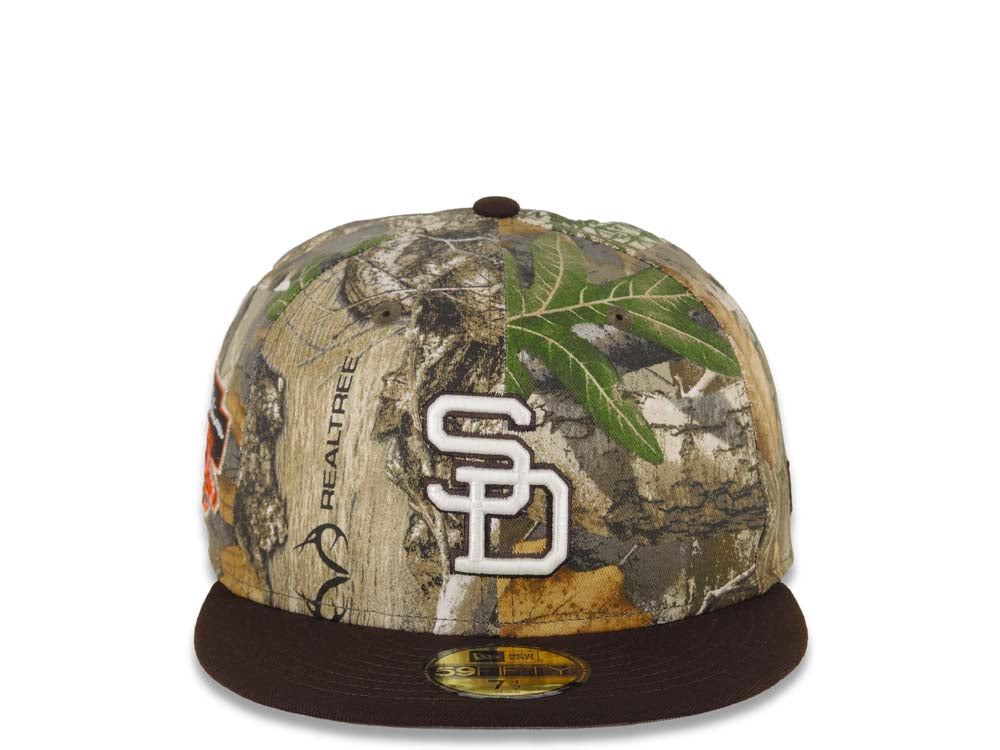 San Diego Padres New Era MLB 59FIFTY 5950 Fitted Cap Hat Real Tree Edge Camo Crown Dark Brown Visor White Logo Jackie Robinson 50th Anniversary Side