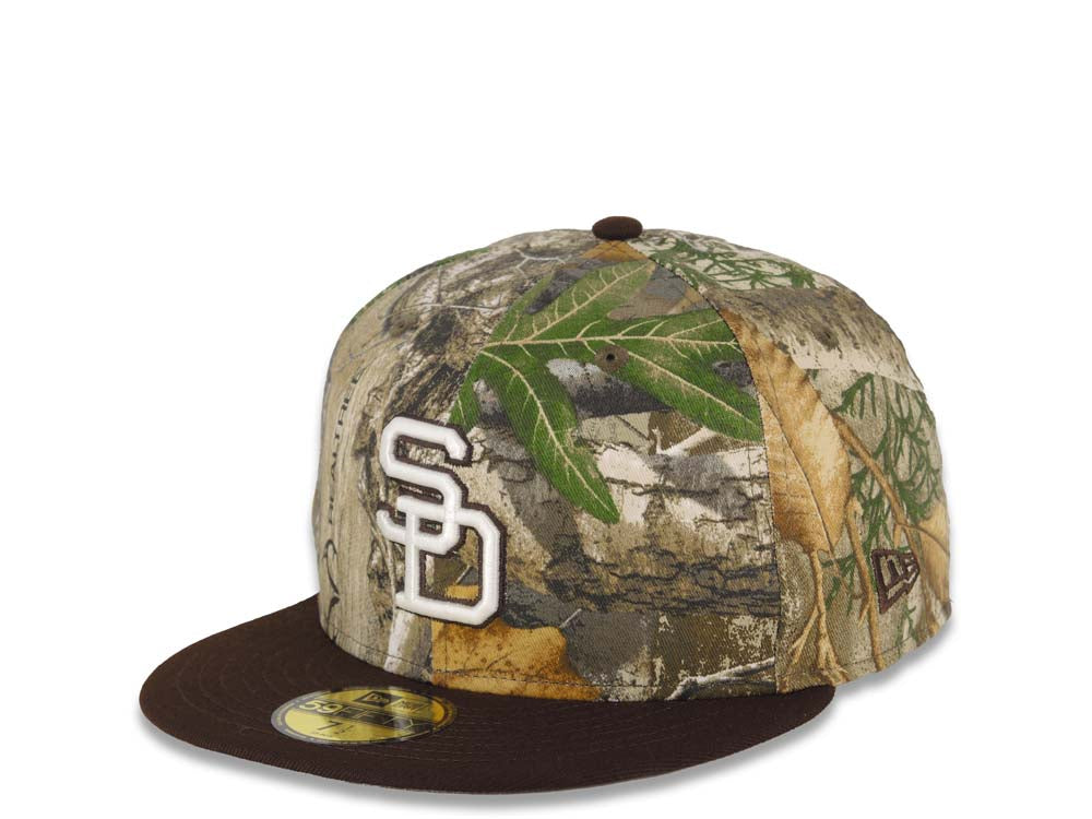 San Diego Padres New Era MLB 59FIFTY 5950 Fitted Cap Hat Real Tree Edge Camo Crown Dark Brown Visor White Logo Jackie Robinson 50th Anniversary Side