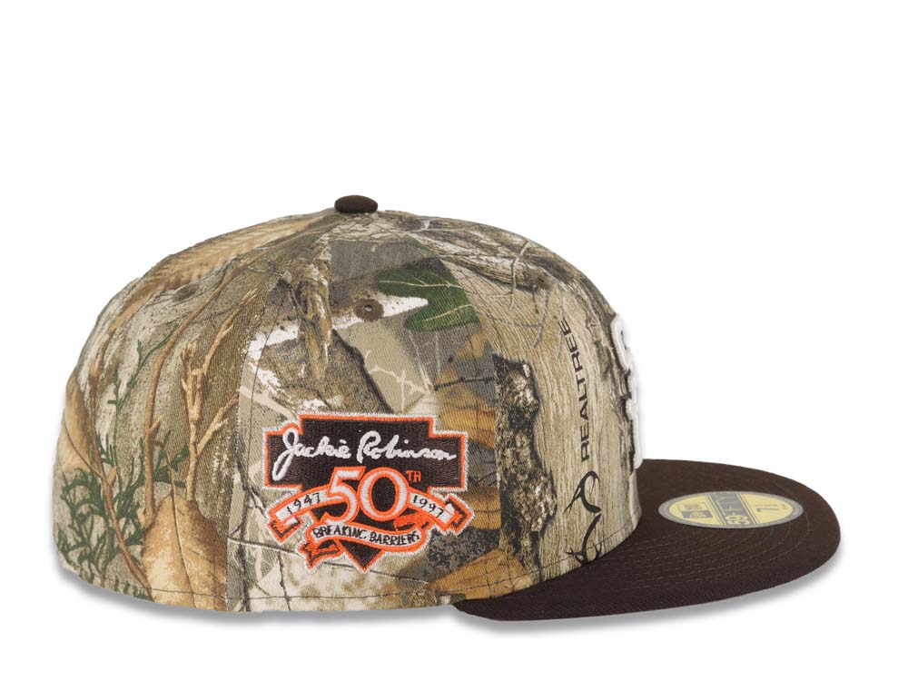 San Diego Padres New Era MLB 59FIFTY 5950 Fitted Cap Hat Real Tree Edge Camo Crown Dark Brown Visor White Logo Jackie Robinson 50th Anniversary Side