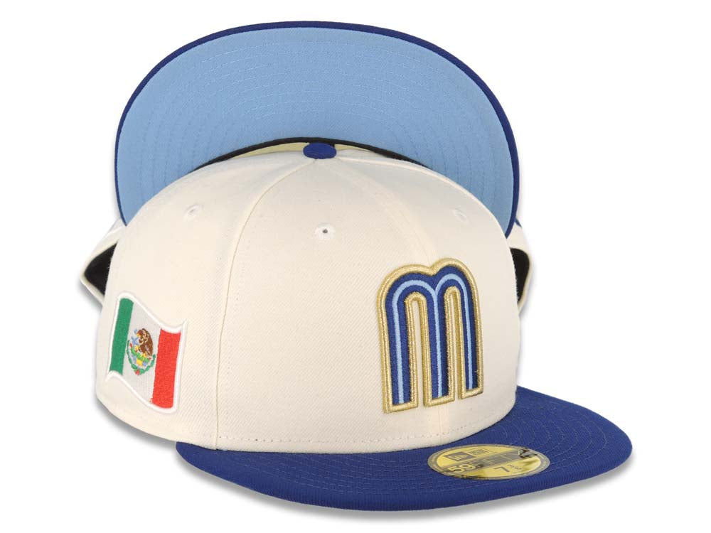 Mexico New Era 59FIFTY 5950 Fitted Cap Hat Cream Crown Royal Blue Visor Metallic Gold Logo Mexico Flag Side Patch Sky Blue UV