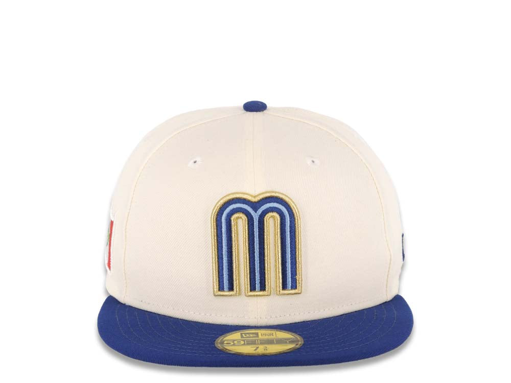 Mexico New Era 59FIFTY 5950 Fitted Cap Hat Cream Crown Royal Blue Visor Metallic Gold Logo Mexico Flag Side Patch Sky Blue UV