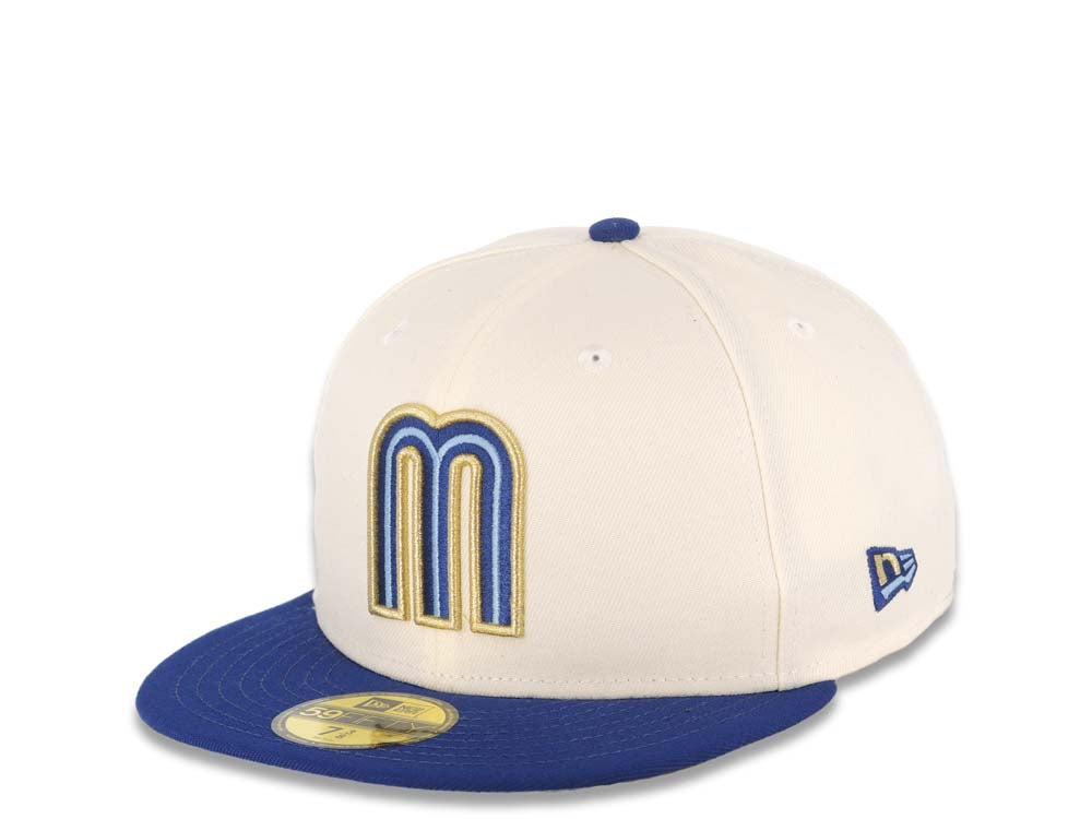 Mexico New Era 59FIFTY 5950 Fitted Cap Hat Cream Crown Royal Blue Visor Metallic Gold Logo Mexico Flag Side Patch Sky Blue UV