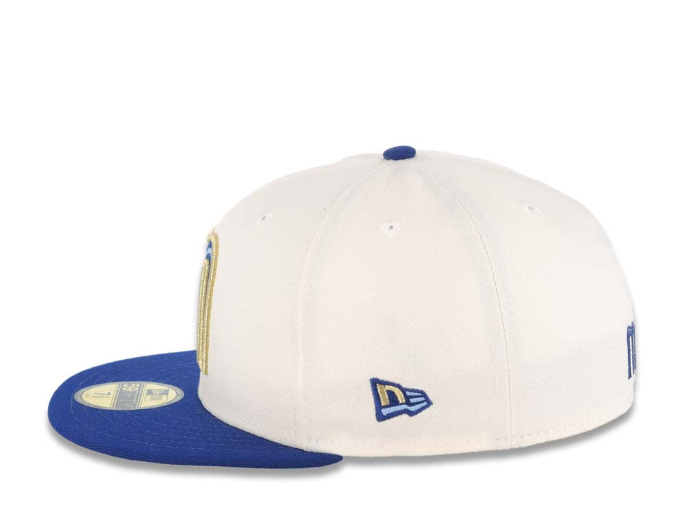 Mexico New Era 59FIFTY 5950 Fitted Cap Hat Cream Crown Royal Blue Visor Metallic Gold Logo Mexico Flag Side Patch Sky Blue UV