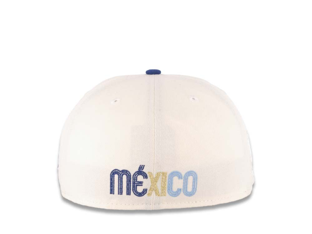 Mexico New Era 59FIFTY 5950 Fitted Cap Hat Cream Crown Royal Blue Visor Metallic Gold Logo Mexico Flag Side Patch Sky Blue UV