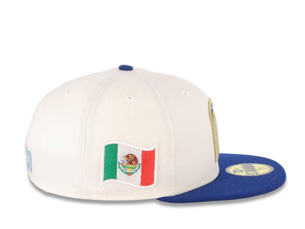 Mexico New Era 59FIFTY 5950 Fitted Cap Hat Cream Crown Royal Blue Visor Metallic Gold Logo Mexico Flag Side Patch Sky Blue UV