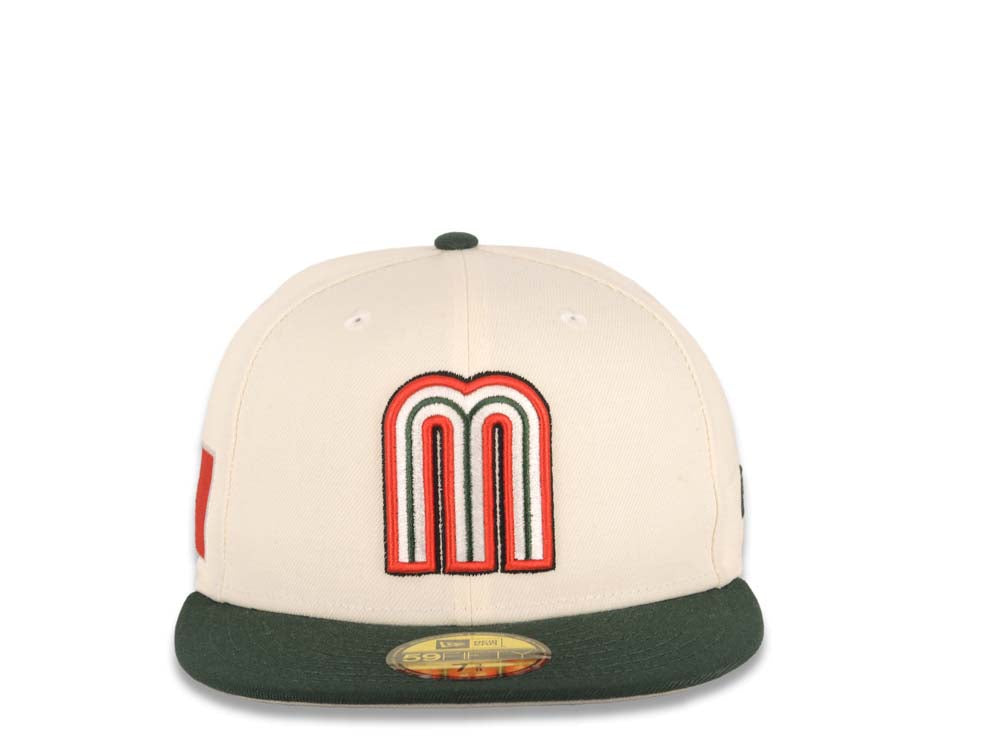 Mexico New Era WBC World Baseball Classic 59FIFTY 5950 Fitted Cap Hat Cream Crown Dark Green Visor Team Color Logo Mexico Flag Side Patch Gray UV