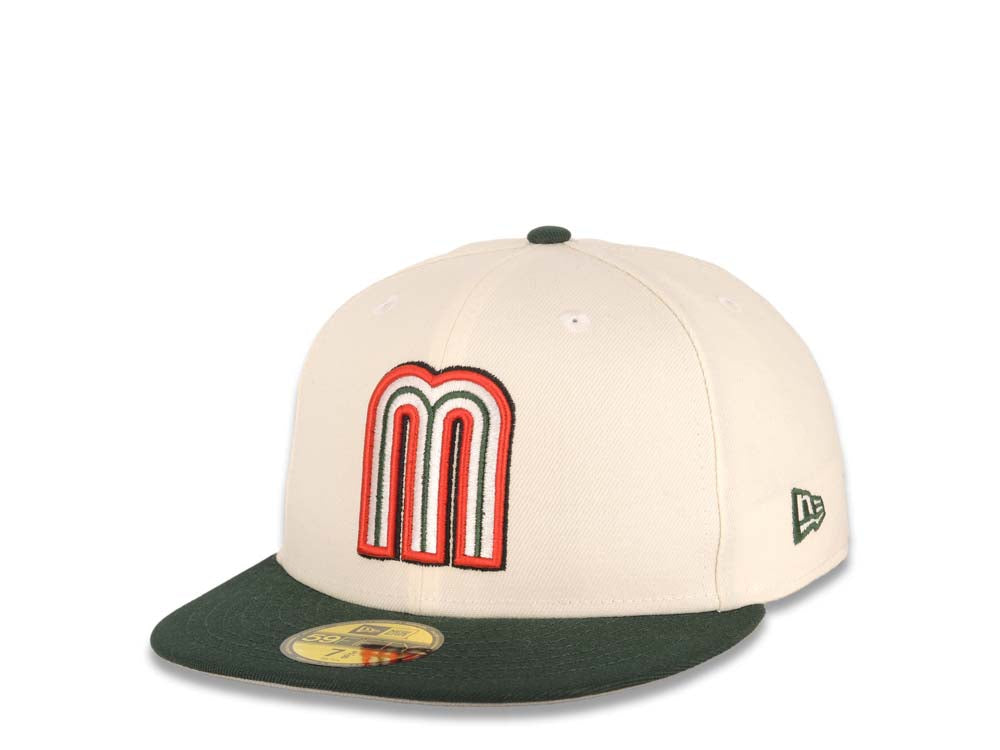 Mexico New Era WBC World Baseball Classic 59FIFTY 5950 Fitted Cap Hat Cream Crown Dark Green Visor Team Color Logo Mexico Flag Side Patch Gray UV
