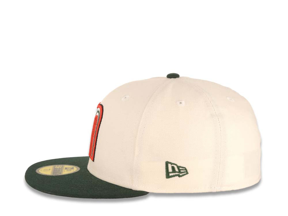 Mexico New Era WBC World Baseball Classic 59FIFTY 5950 Fitted Cap Hat Cream Crown Dark Green Visor Team Color Logo Mexico Flag Side Patch Gray UV